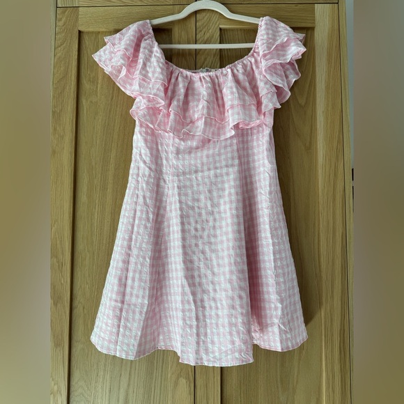 BiBi Pink and White Ruffled Off-Shoulder Sundress - Picture 2 of 3